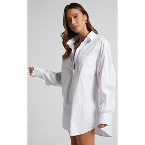 Showpo Janaya Oversized Button Down Shirt Dress Mini White Long Sleeve Cotton 14